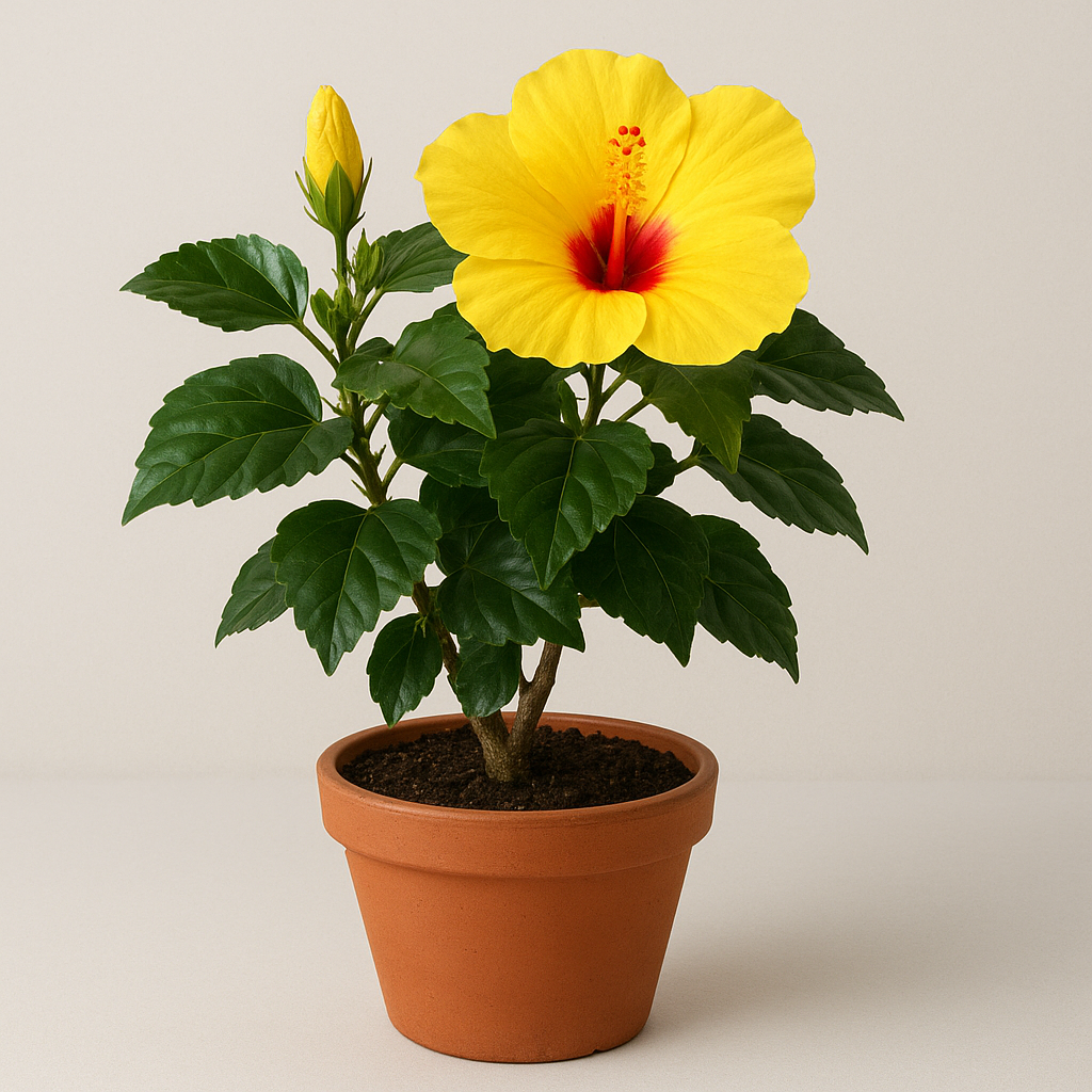 Hybrid Hibiscus yellow grafted flowering plant in pot, ornamental outdoor plant for home and garden in Lucknow