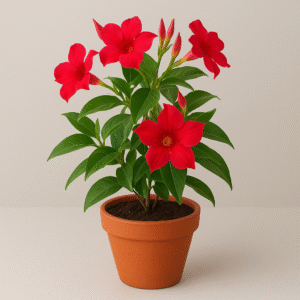 Mandevilla red flowering creeper plant in pot, ornamental vine for home and garden in Lucknow
