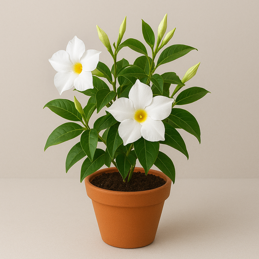 Mandevilla white flowering creeper plant in pot, ornamental vine for home and garden in Lucknow