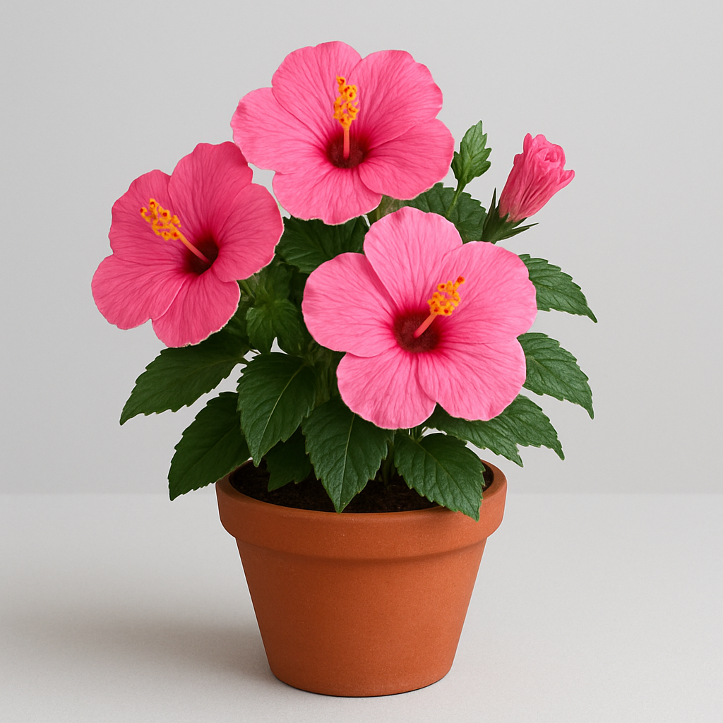 Hybrid Hibiscus pink flowering plant in pot, ornamental outdoor plant for home and garden in Lucknow