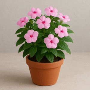Sadabahar (Vinca) light pink flowering plant in pot, ornamental outdoor plant for home and garden in Lucknow
