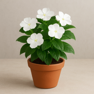 Sadabahar (Vinca) white flowering plant in pot, ornamental outdoor plant for home and garden in Lucknow