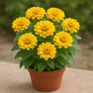 Yellow Zinnia plant in pot, outdoor annual flowering plant for home and garden decoration in Lucknow