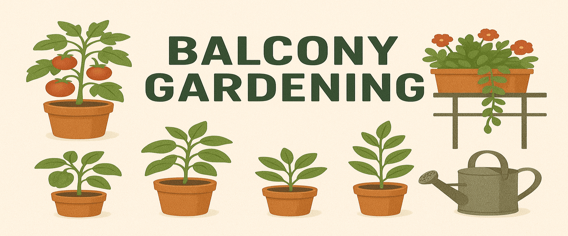 Balcony gardening setup with colorful flower pots and green plants in small space