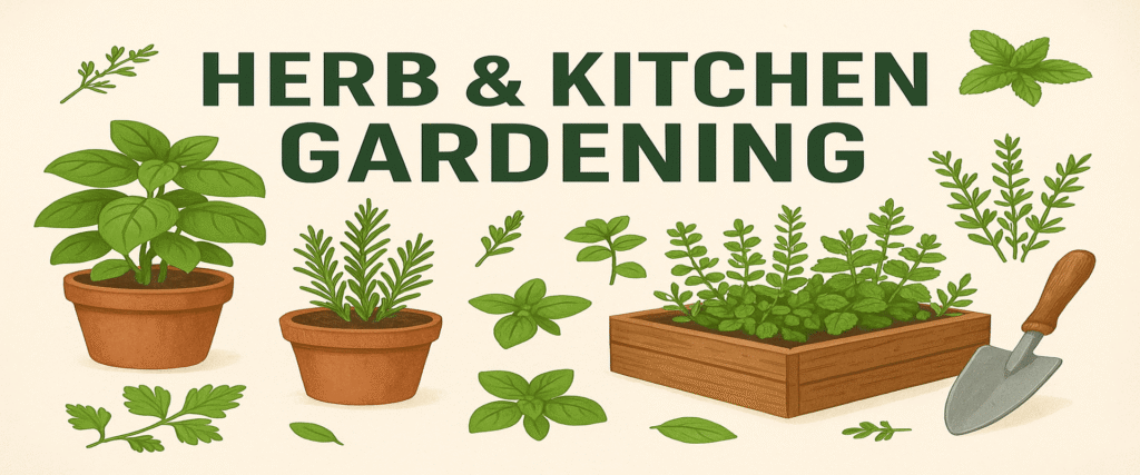 Fresh herbs and kitchen gardening setup with basil, mint, and coriander plants in pots